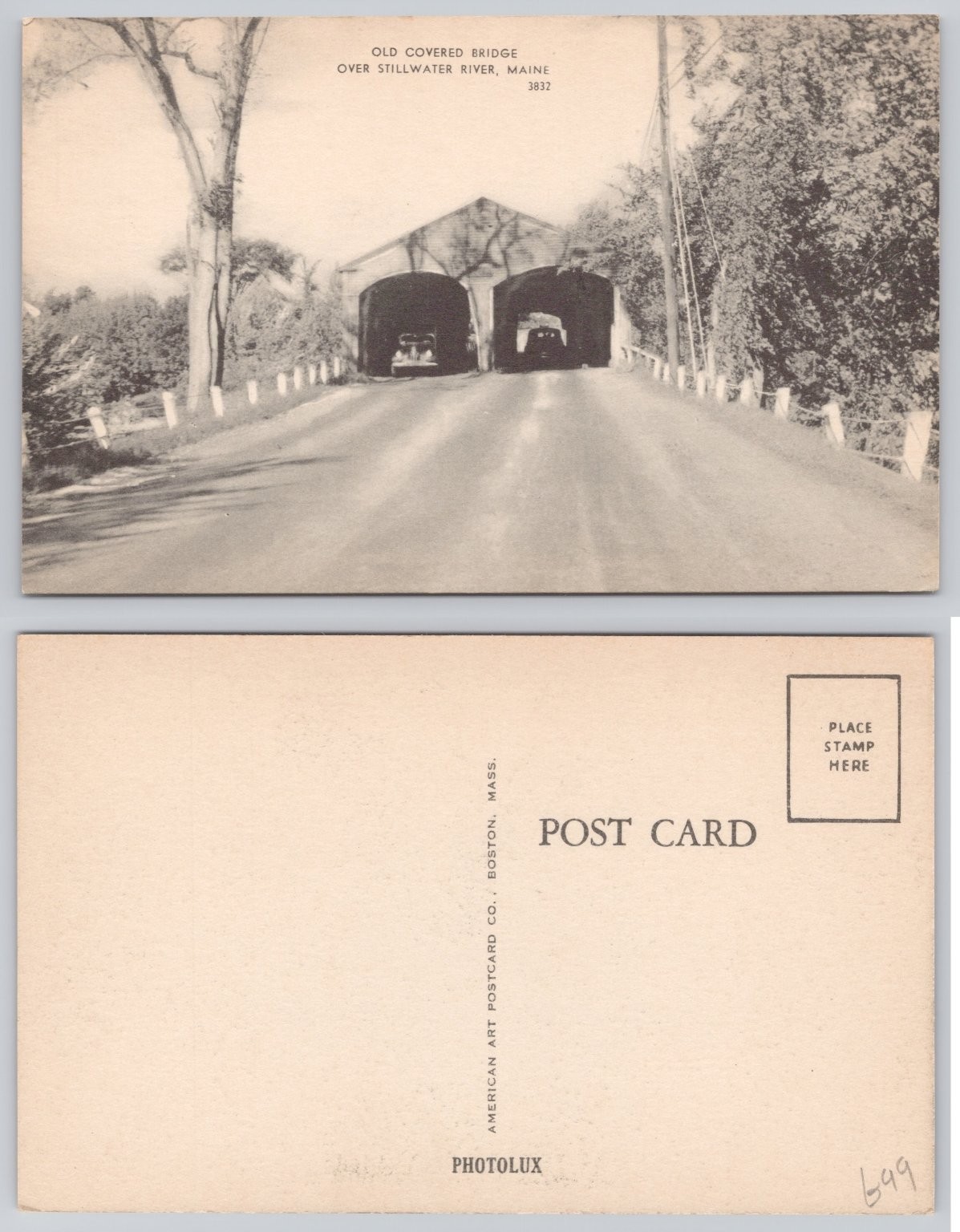 Vintage Stillwater River, Maine Covered Bridge Postcard w/ Cars Photolux