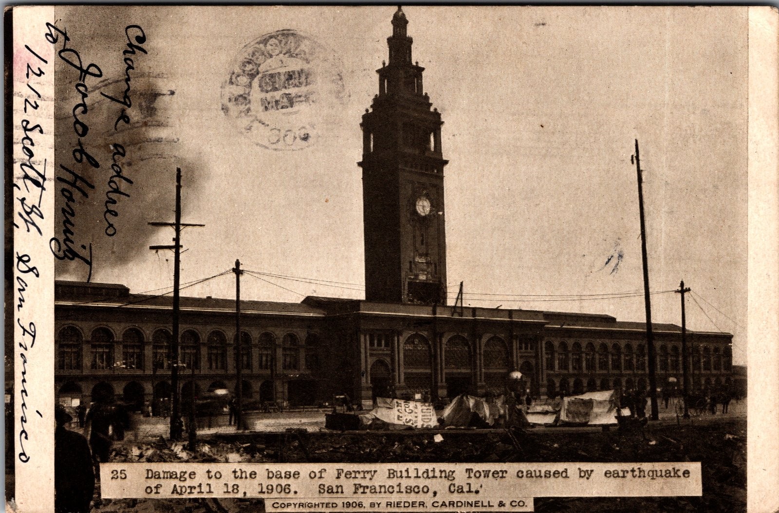 1906 San Francisco Earthquake Damage Ferry Building Tower Postcard Rieder