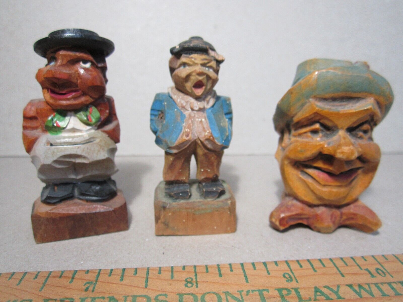 Wood Figures Set 3 Carved Vintage stopper ANRI style German Man Hat Tyrol Singer
