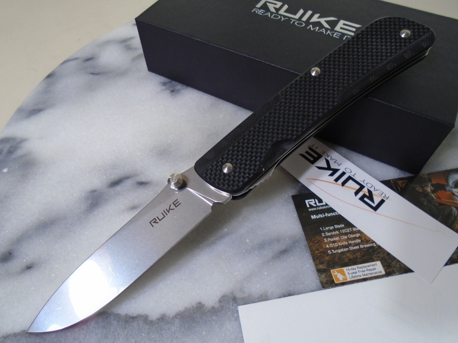 Ruike LD11-B Multifunction Pocket Knife 12C27 Tweezers Glass Breaker Black G10