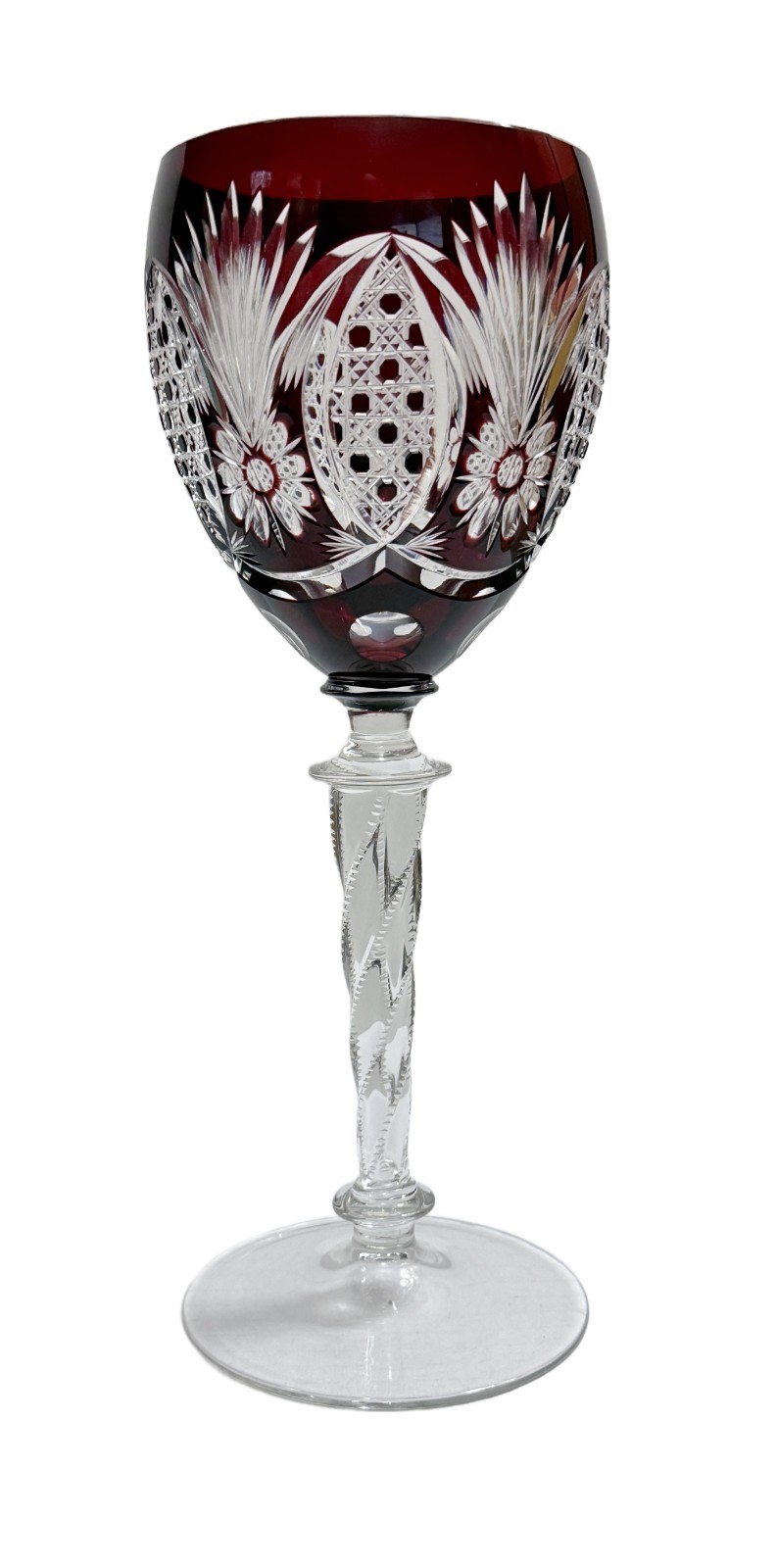 Superb Vintage X-Tall 11” Czech Bohemian Ruby Crystal Wheel Cut to Clear Goblet