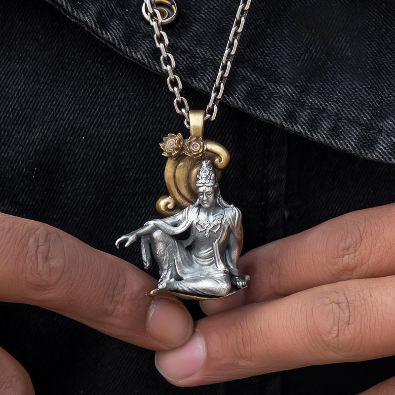 Handmade Solid Vintage Style Buddha Pendant Lotus Avalokiteshvara Necklace