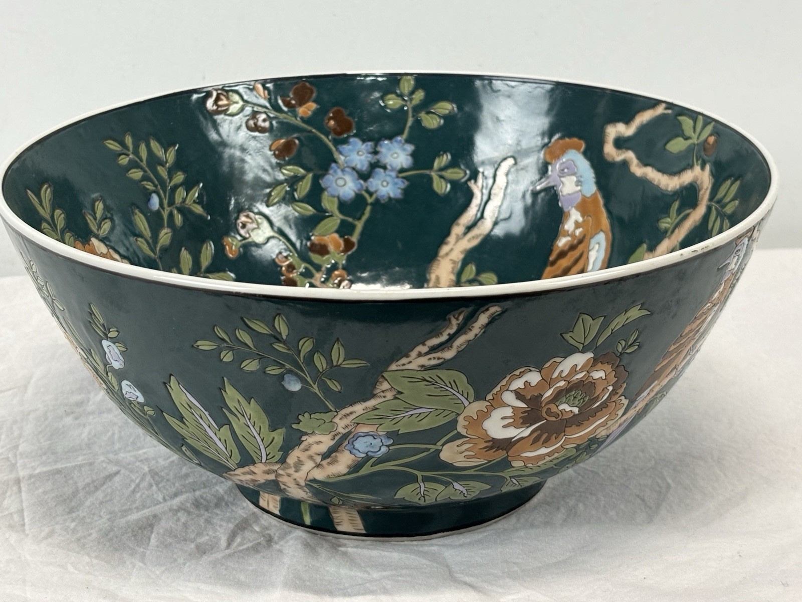 Vtg Chinese Hand Painted Floral Bowl 10” Diameter Bird Porcelain Marked
