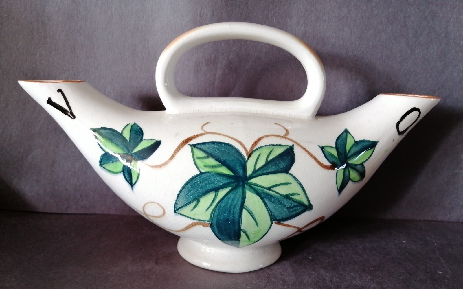 Vintage Ceramic Oil / Vinegar Cruet Double Sided Dispenser Green Leaves