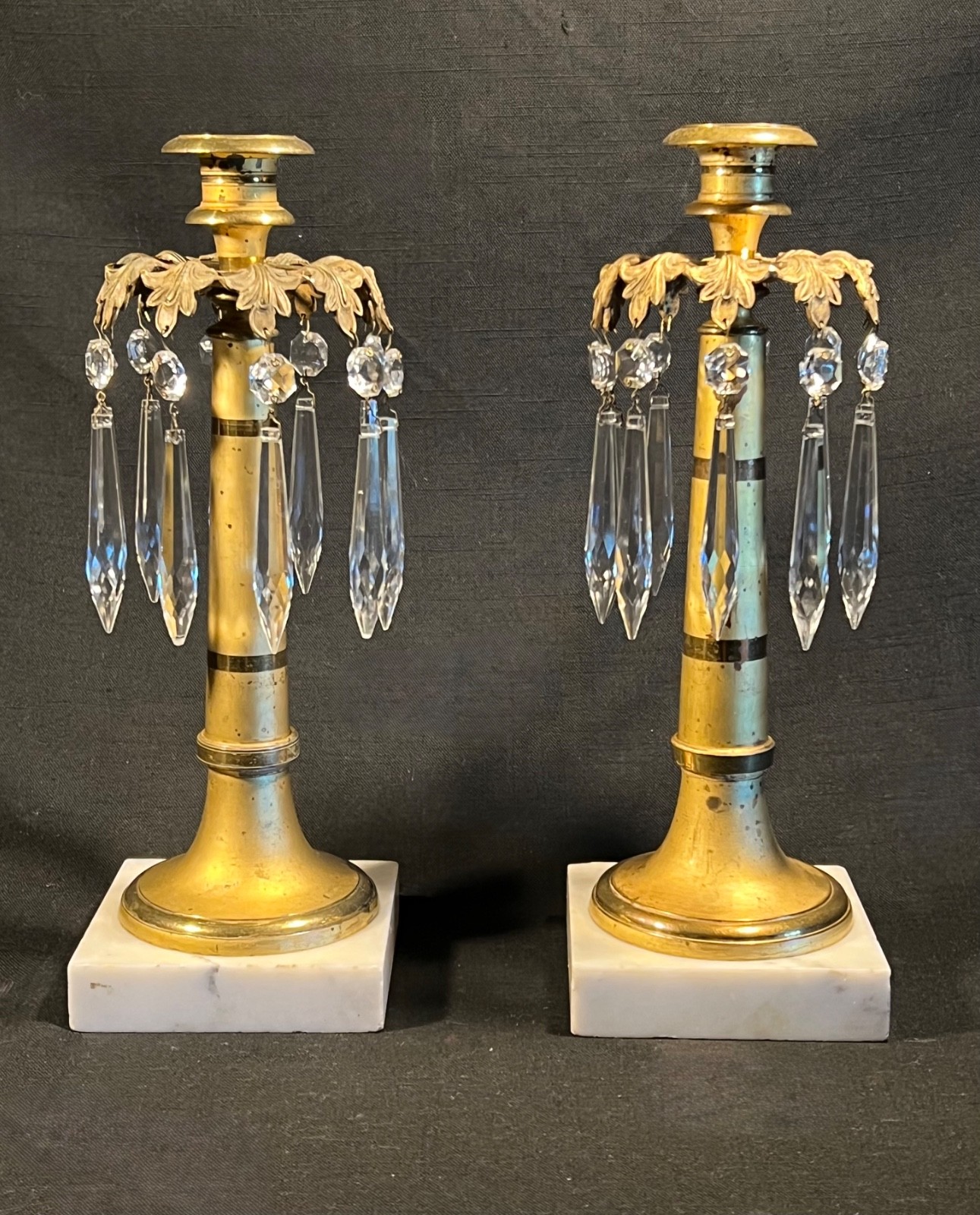 Antique Victorian Girandole Pair Brass Candlestick Lusters w Crystals & Marble Antique Victorian Girandole Pair Brass Candlestick Lusters w Crystals & Marble