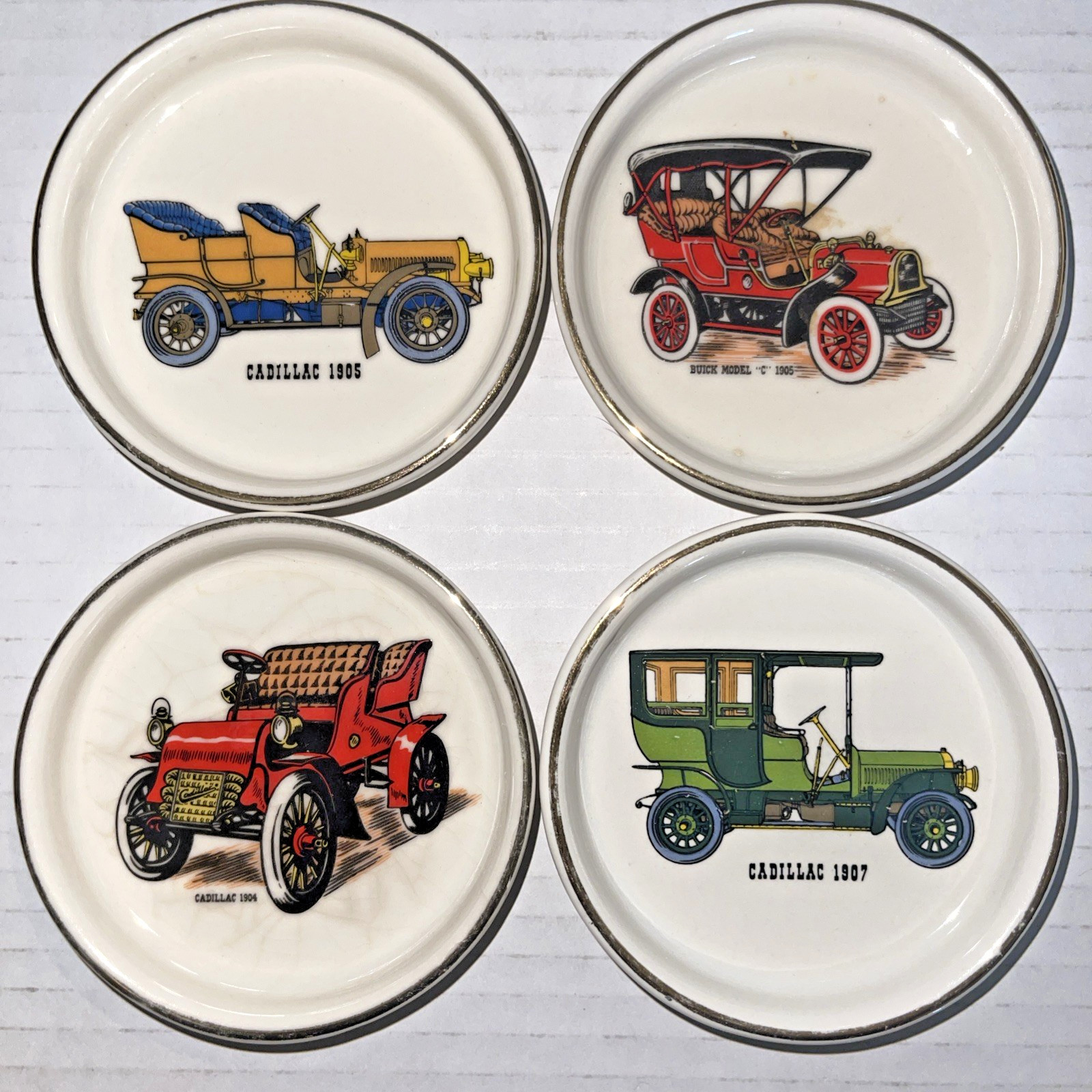  4 Vintage Hyalyn Porcelain Beige Gold Rimmed Antique Car Coasters 