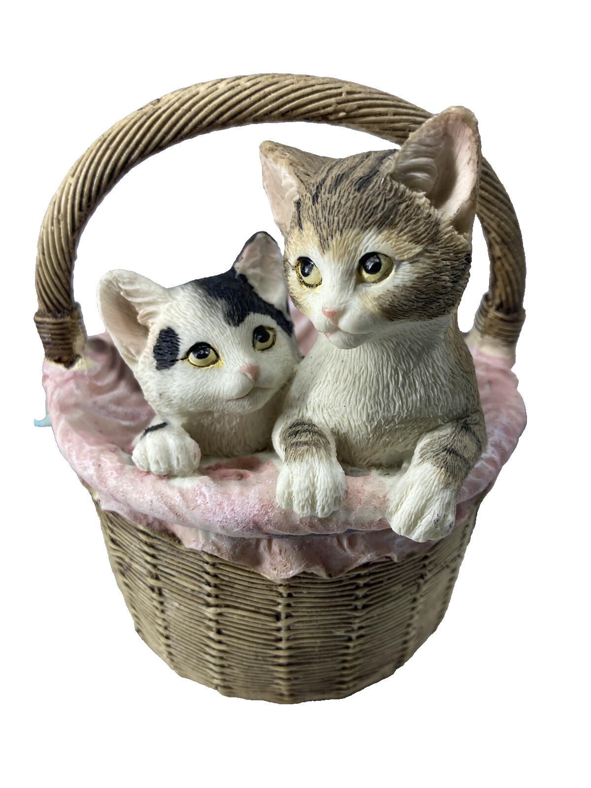 Vintage Delton Resin Kitten Figurine Cats in Pink Basket Cuddles 4.7” Adorable