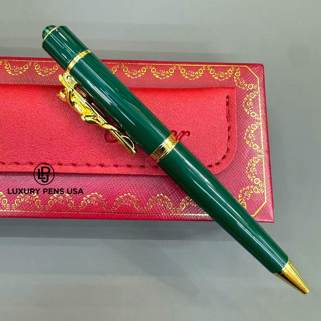 CARTIER Panthère Large Emerald Green Gold Tone Ballpoint Pen Luxury Rare Gift