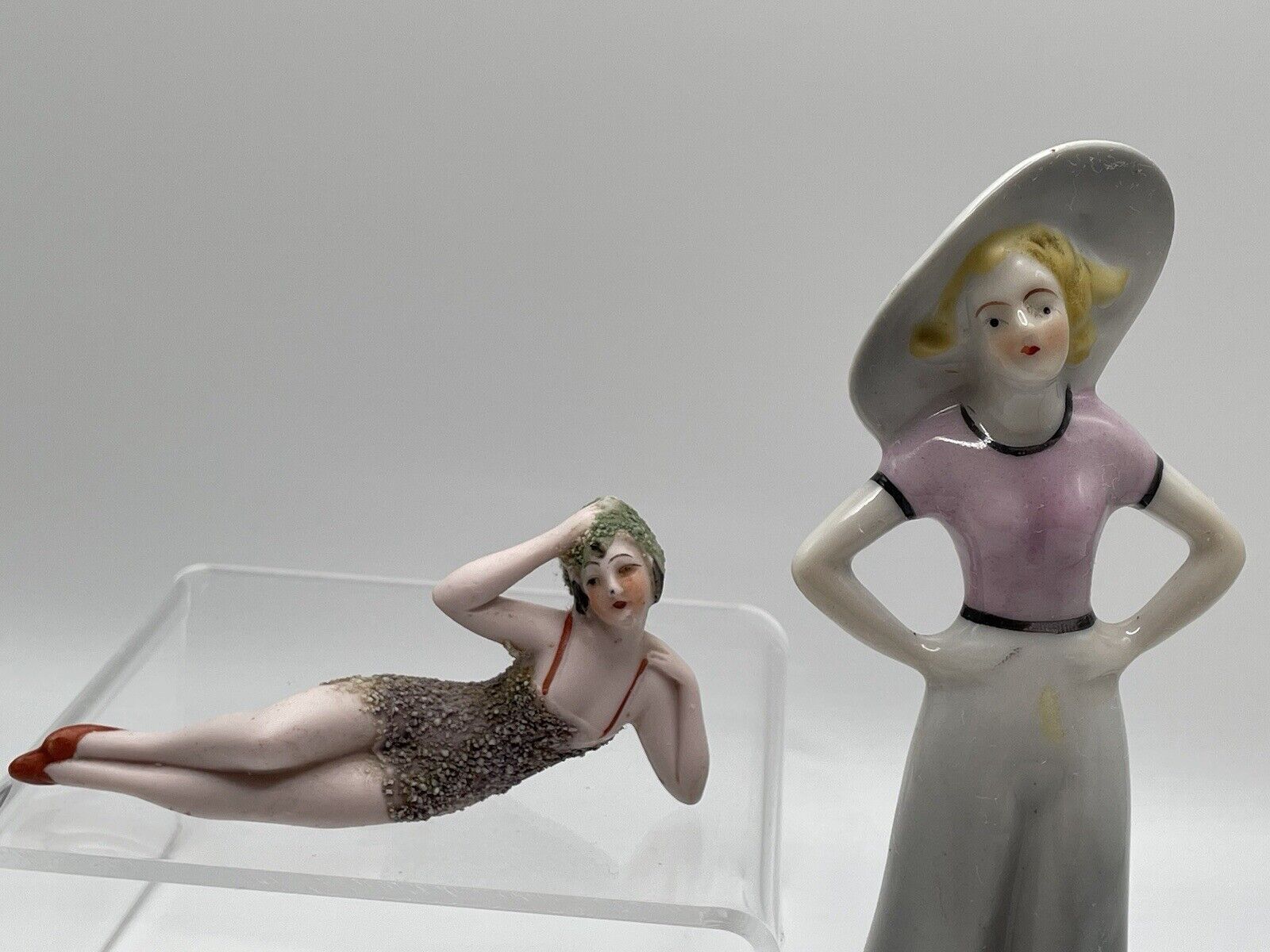 2 Vintage Bathing Beauty Lady Figurine Bisque Doll Deco Germany & Japan Flapper