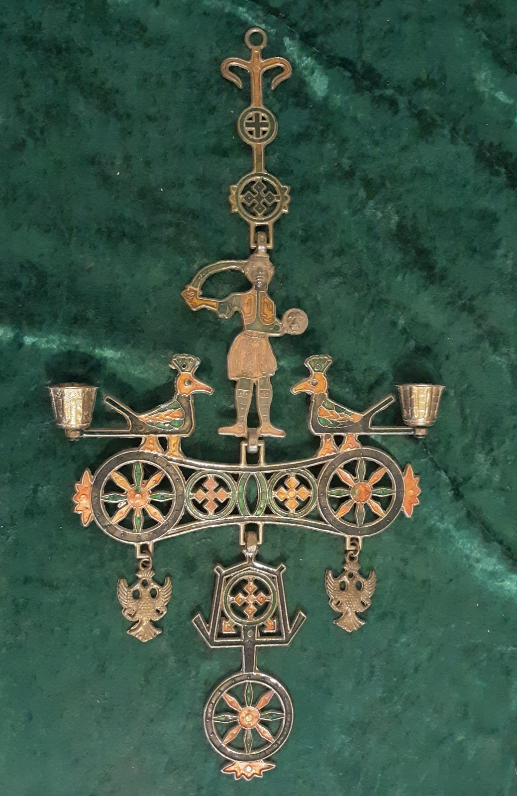 Vintage Greek Smaltotex Brass and Enamel Wall Hanging Candle Holder