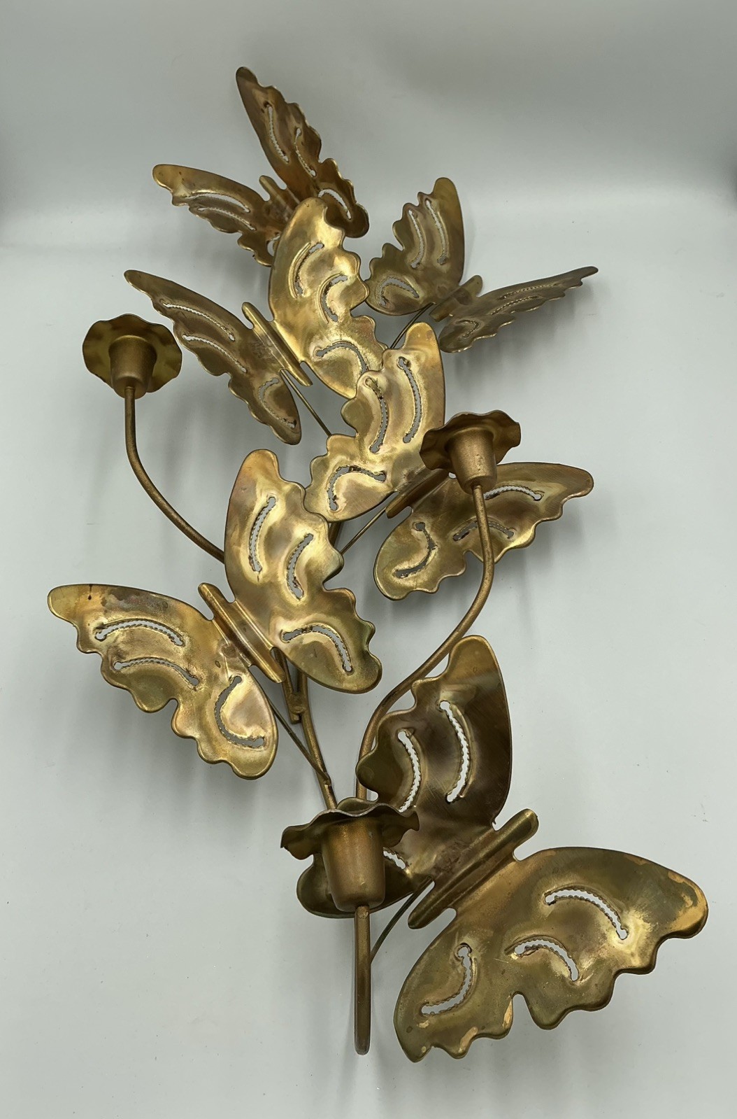 Vtg MCM Metal Art Brass Butterflies Wall Hanging 3 Candle Sconces 24” x 11” EUC
