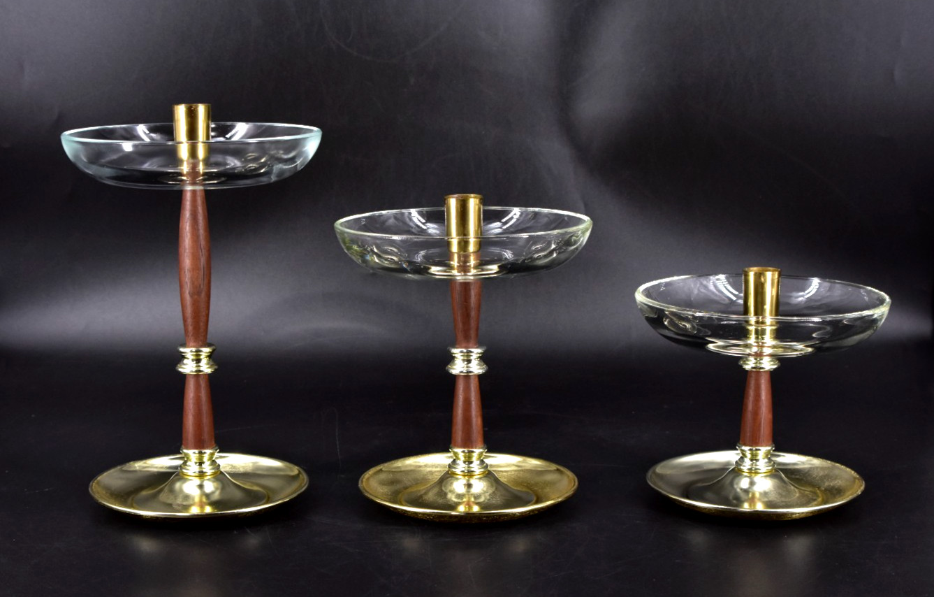 VTG 1970s Wood, Glass, Brass Tone Candlesticks Holders Set of 3 Home Decor