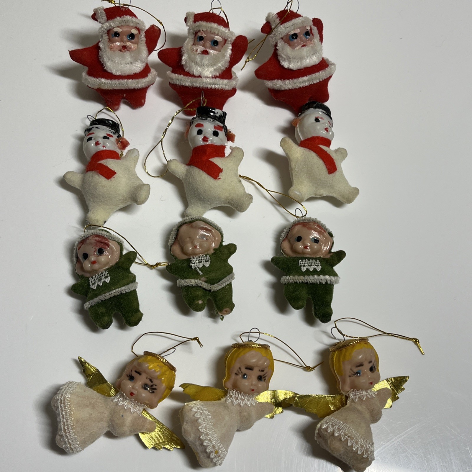 12 Vtg Flocked Plastic Blow Mold Christmas Ornaments Angels Santa Snowman Elves