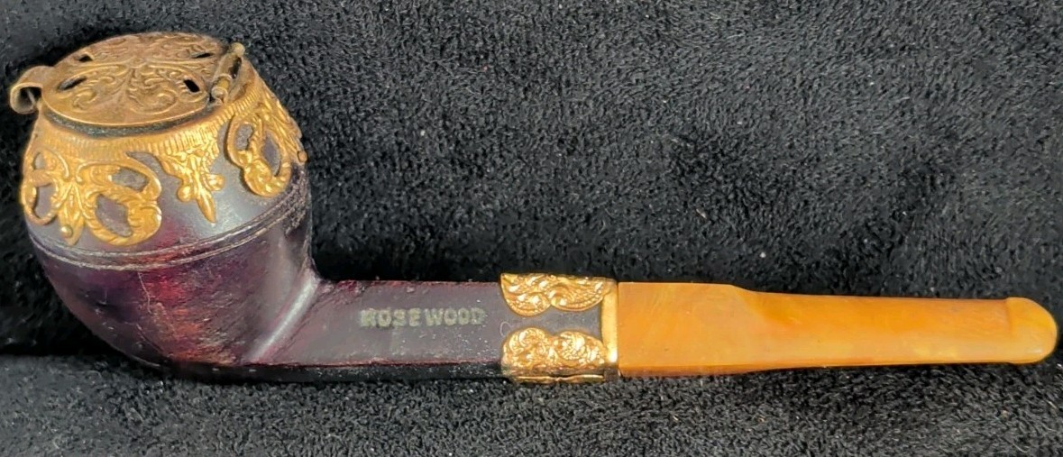 Vintage Fancy Rosewood Smoking Pipe Amber Stem Tobacco Gold Trim & Cover