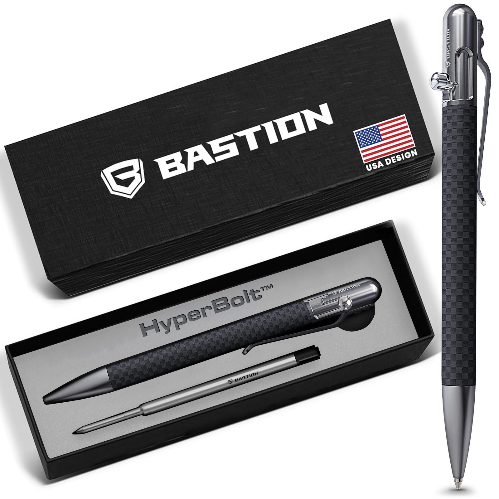 BASTION Slim Carbon Fiber Silver Bolt Action Ink Pen | EDC Pocket Mens Gift