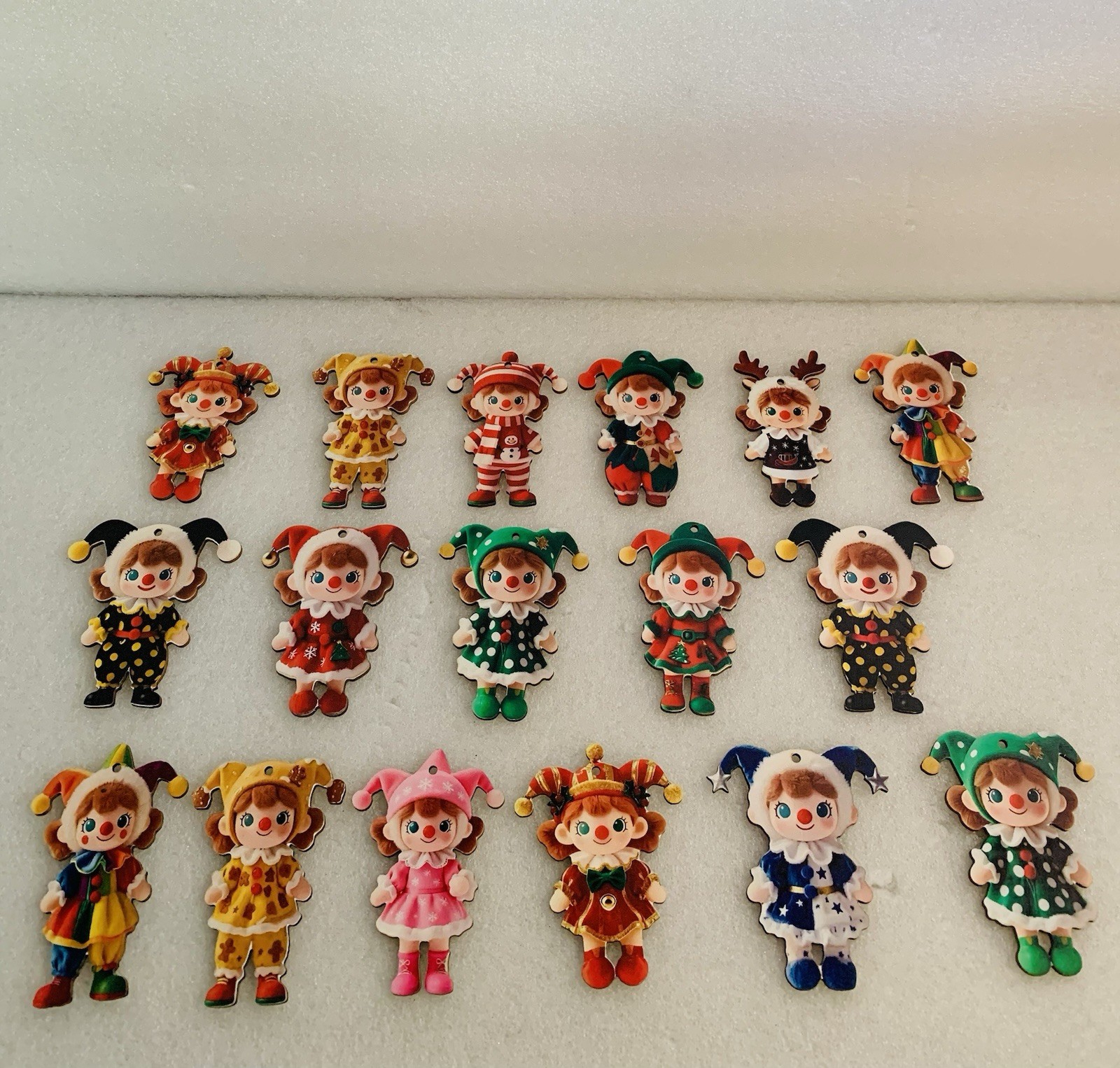 Flat 2D Printed Decorative Clown Dolls Ornaments Set of 17