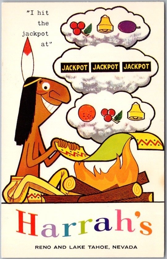 c1960s RENO / Lake Tahoe Nevada Postcard HARRAH\'S CASINO Indian / Smoke Signals