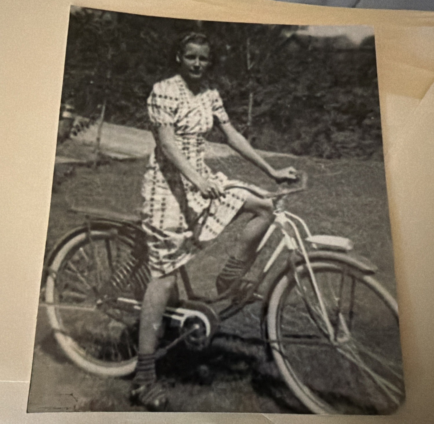 Vintage Snapshot woman on 1938 Elgin Bicycle Photograph Antique girls sears bike