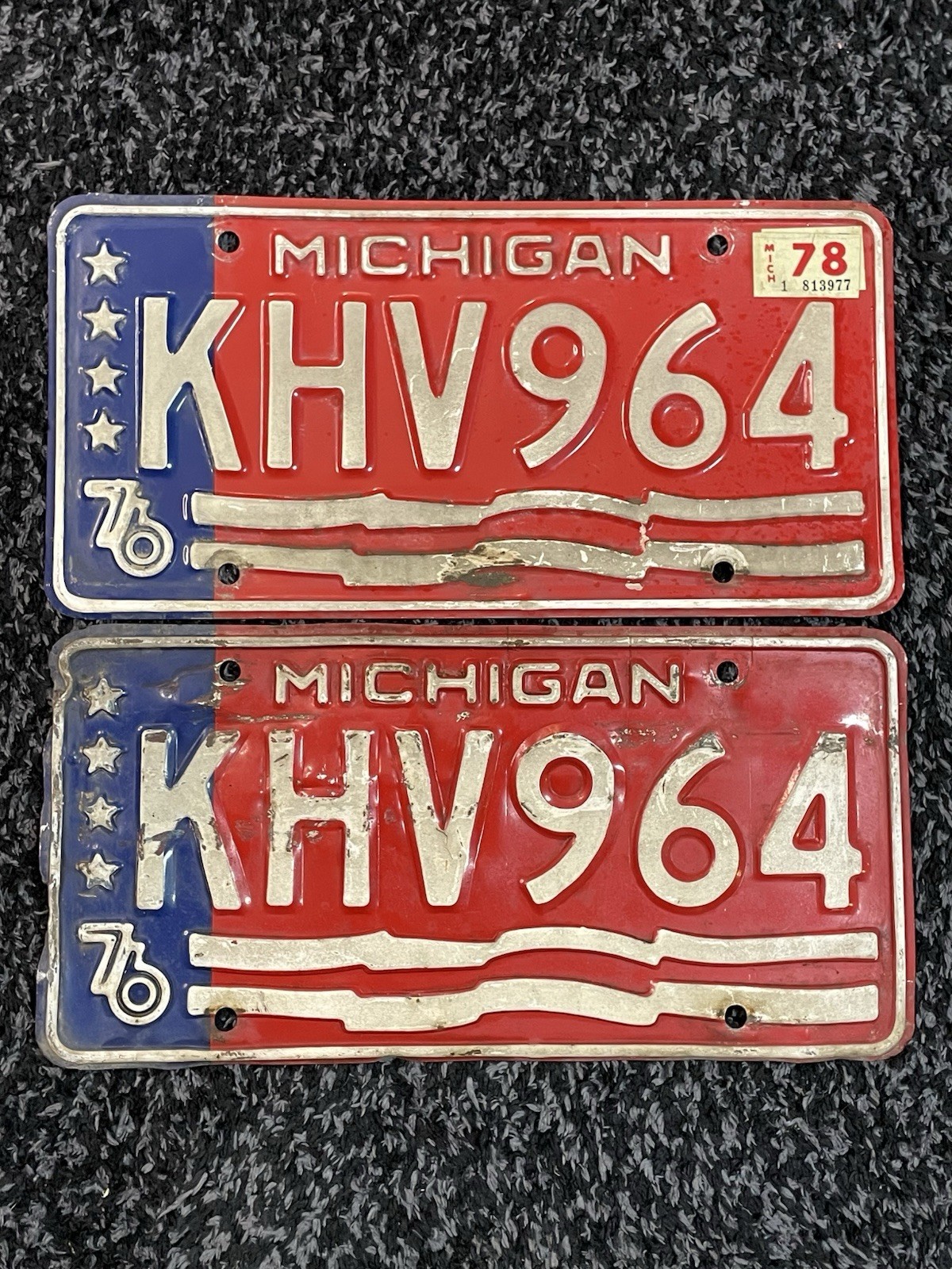 Vintage 1976 Michigan Bicentennial License Plate Pair  KHV964 Matching Set