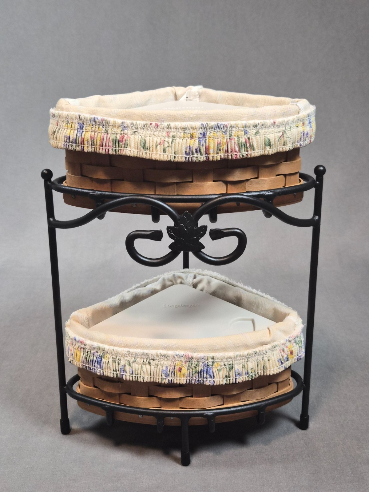 Vintage 2005 LONGABERGER Wrought Iron 2 Tier Corner Stand 2 Baskets and 2 Liners