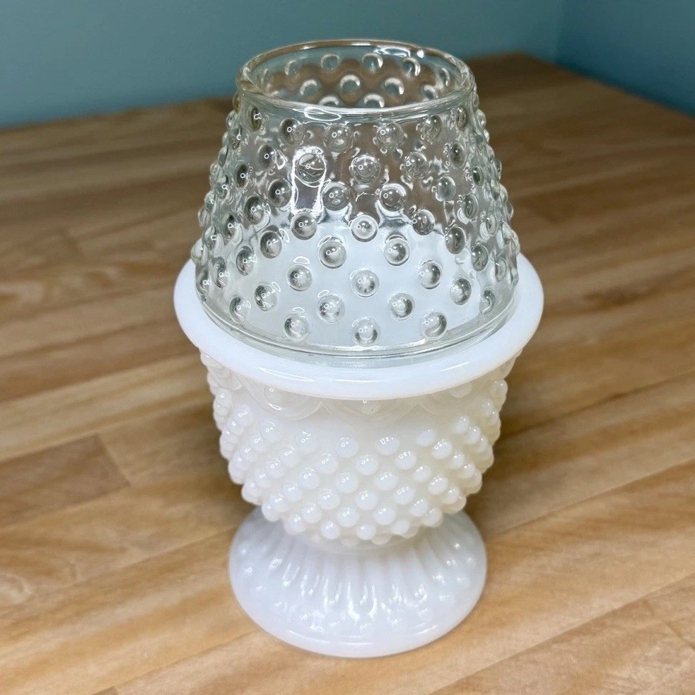 VTG Avon 1970s FAIRY LAMP White Milk Glass & Clear Hobnail Candle Holder MINT