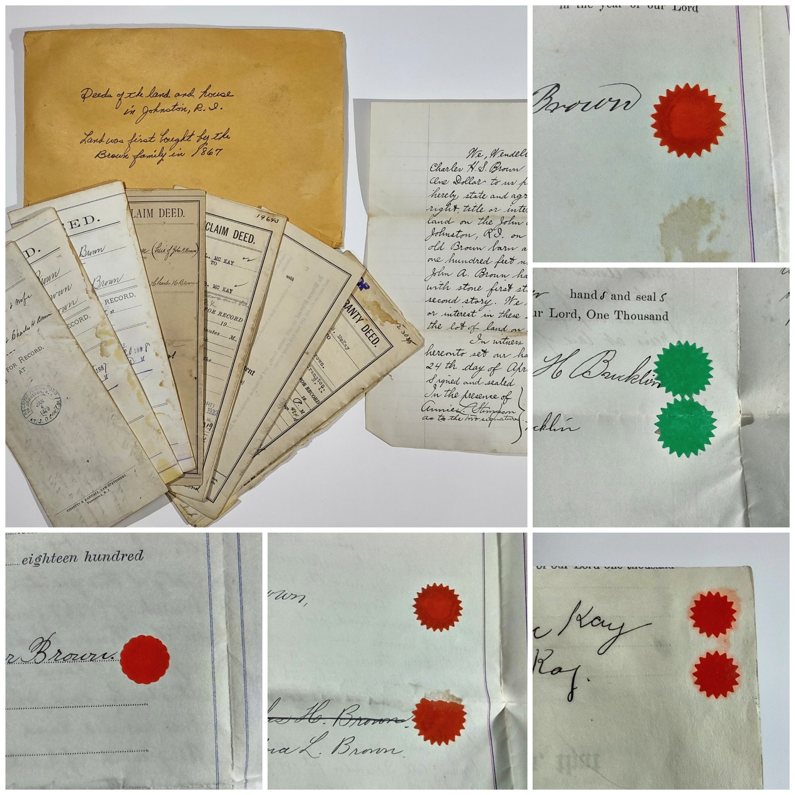Antique 1867-1934 Johnston RI Land Deed Archive Brown Farm Hughesdale Ephemera