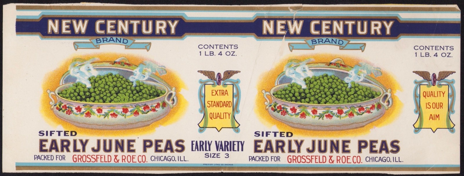 NEW CENTURY BRAND EARLY JUNE PEAS antique can label CHICAGO IL Stecher 1920s NEW CENTURY BRAND EARLY JUNE PEAS antique can label CHICAGO IL Stecher 1920s
