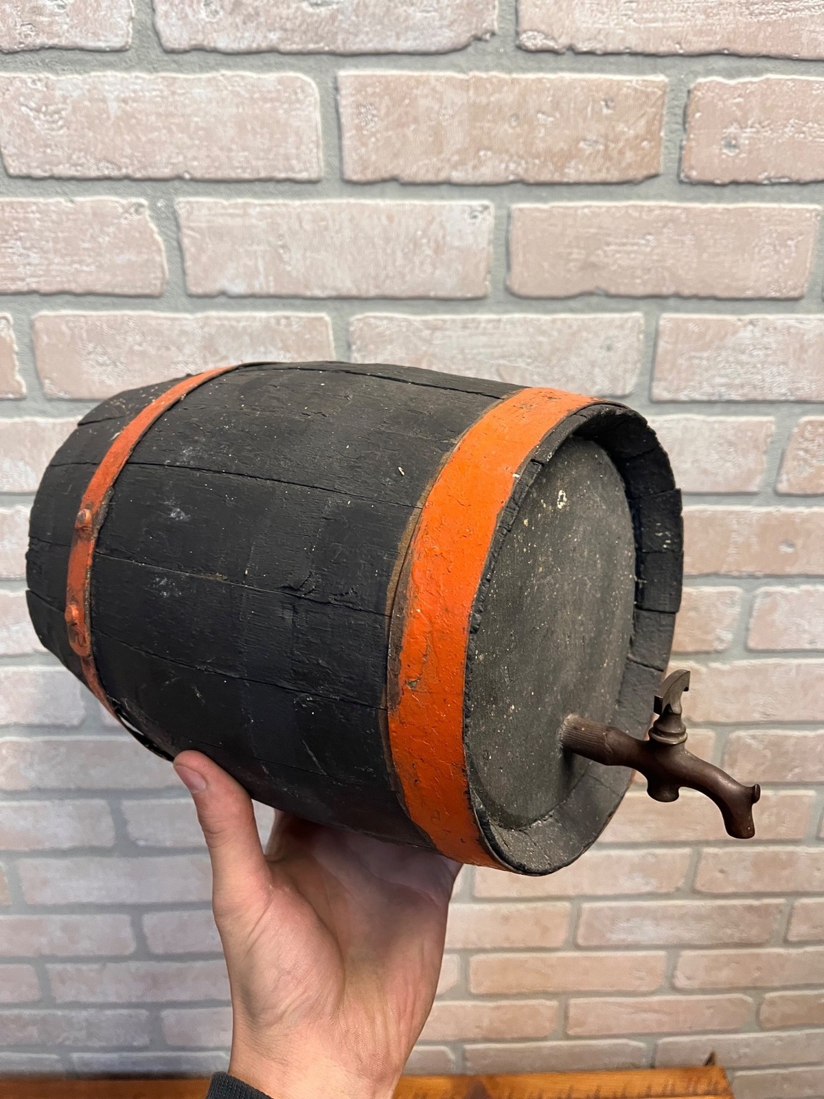 Pre-Prohibition Antique Miniature Wooden Keg Barrel w Brass Spigot Orange & Blue