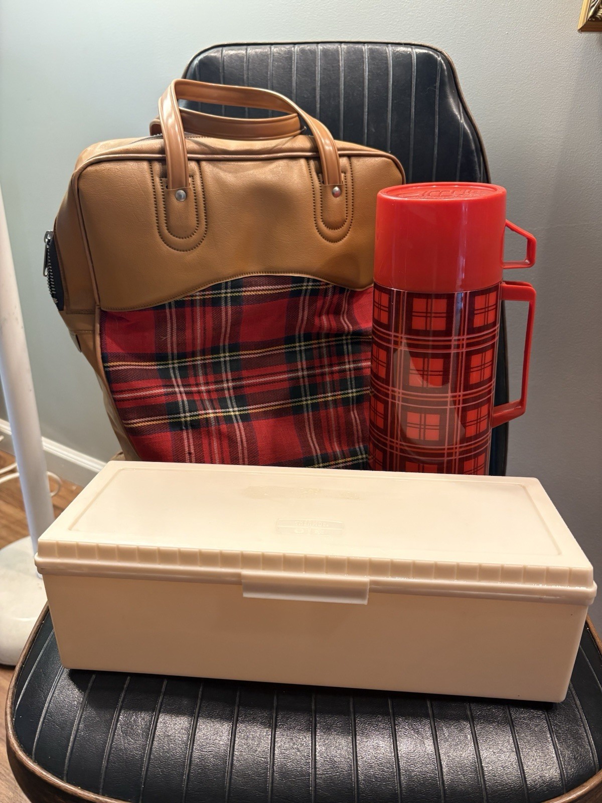 Vintage 1970s Red Plaid Picnic Bag Thermos Set Aladdin Vacuum Flask Sandwich Box