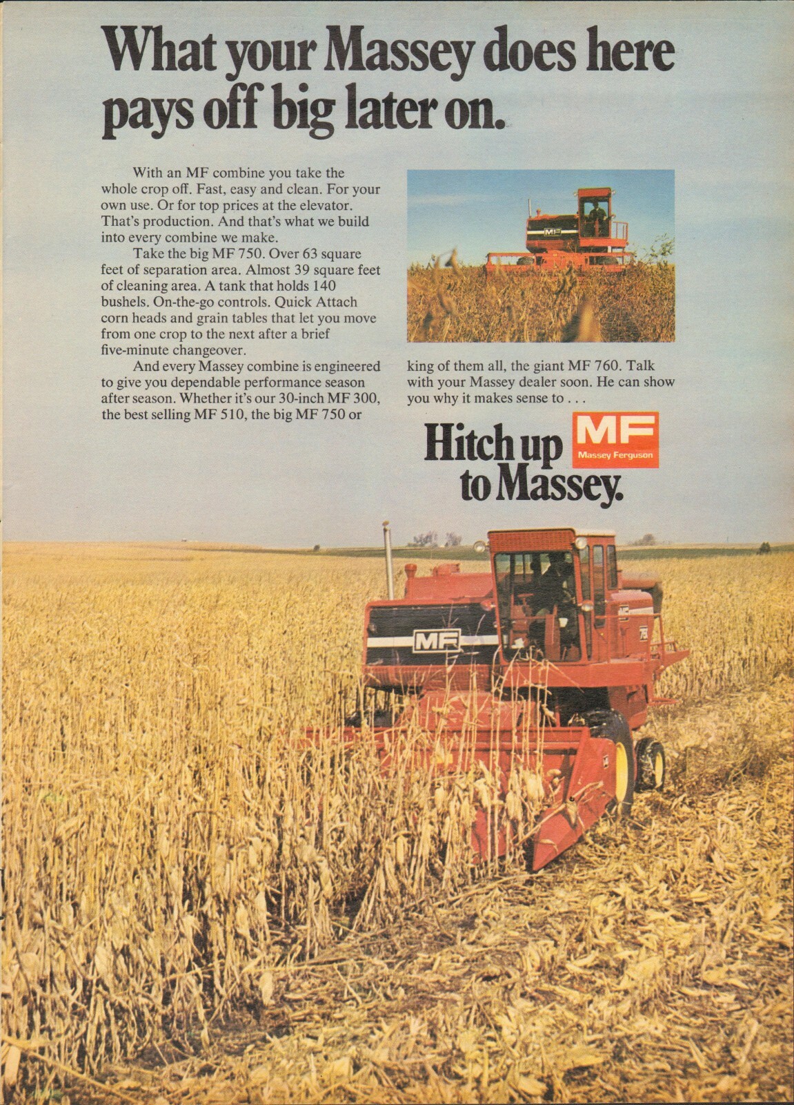 1974 XLARGE Print Ad of Massey Ferguson MF 750 Farm Tractor Combine 1974 XLARGE Print Ad of Massey Ferguson MF 750 Farm Tractor Combine