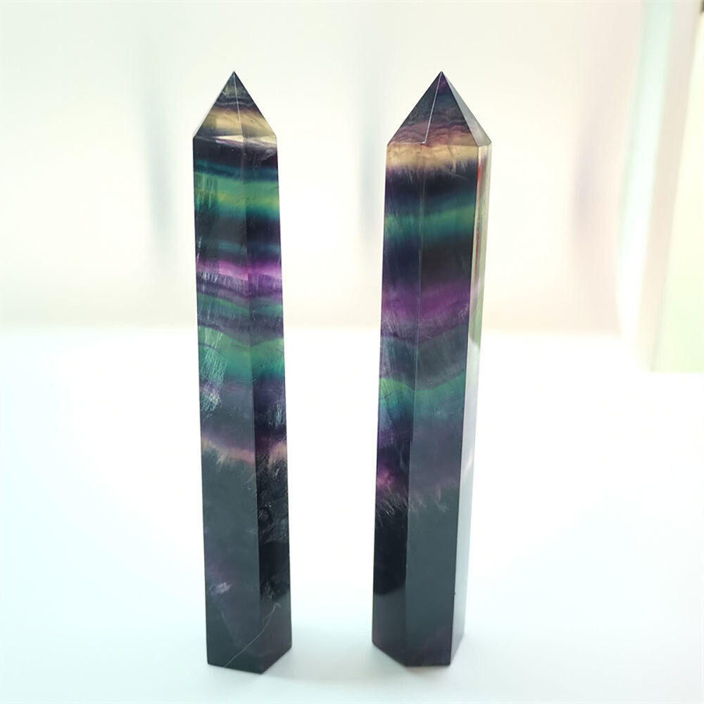 2PACK LARGE Rainbow Fluorite Obelisk Natural Quartz Crystal Wand 12-13cm Decors