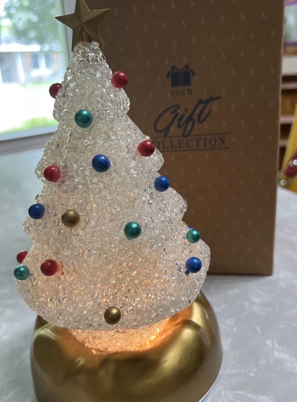 Vintage Avon Twinkle Light Melted Popcorn Plastic Christmas Tree Gold Star W/box