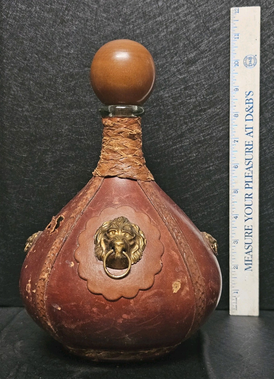 Vtg Italian Leather Wrapped Decanter Bottle Lion Head MCM **Damaged Read**