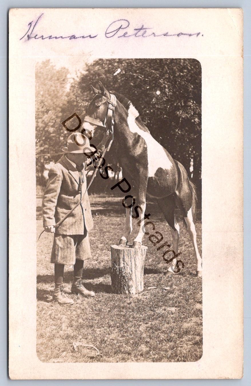 K60/ Interesting RPPC Postcard c1910 Show Horse Child Up on Stump 15