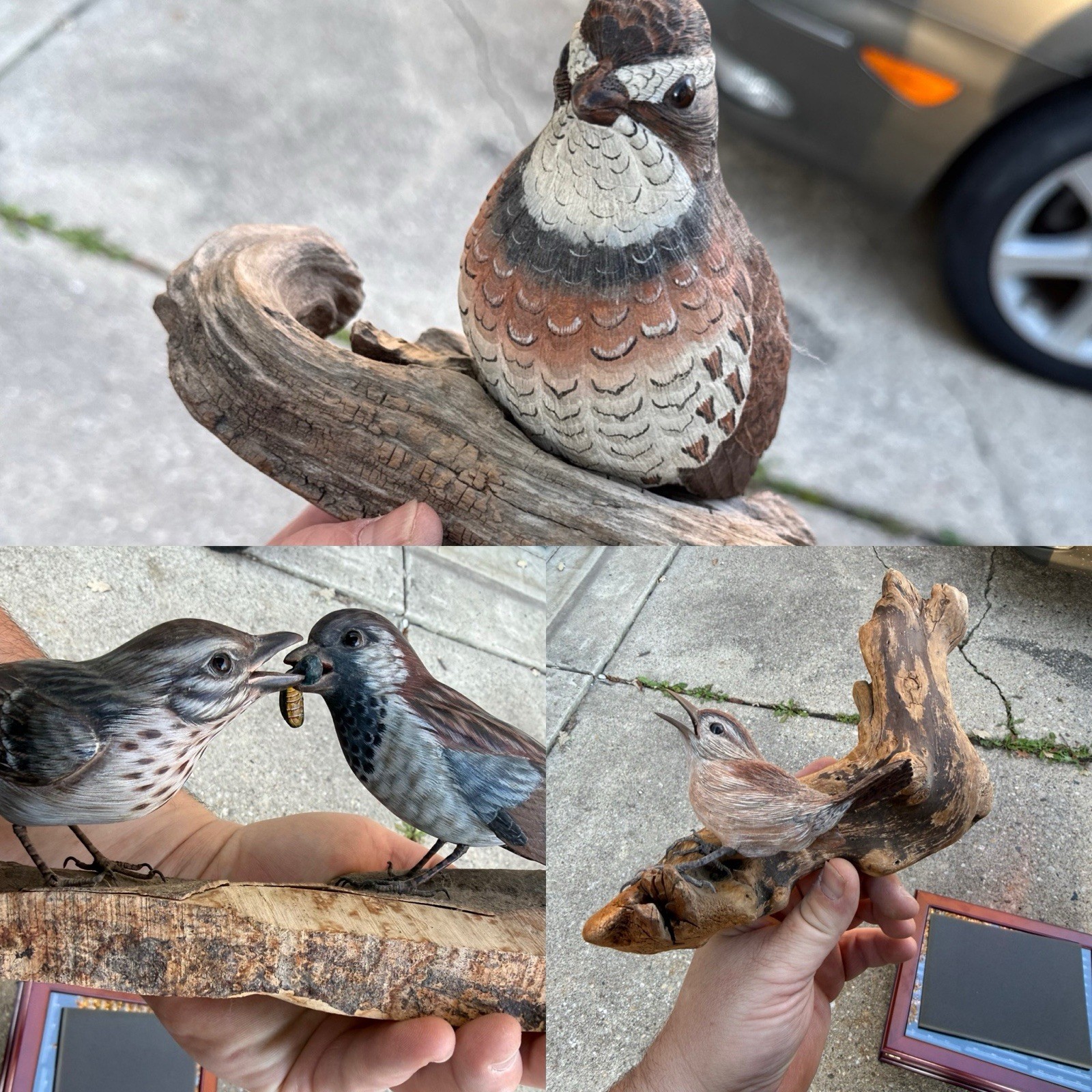 Vintage 1980s Bird Pair Figurine on Driftwood Base Hand Carved w/ tag lot 