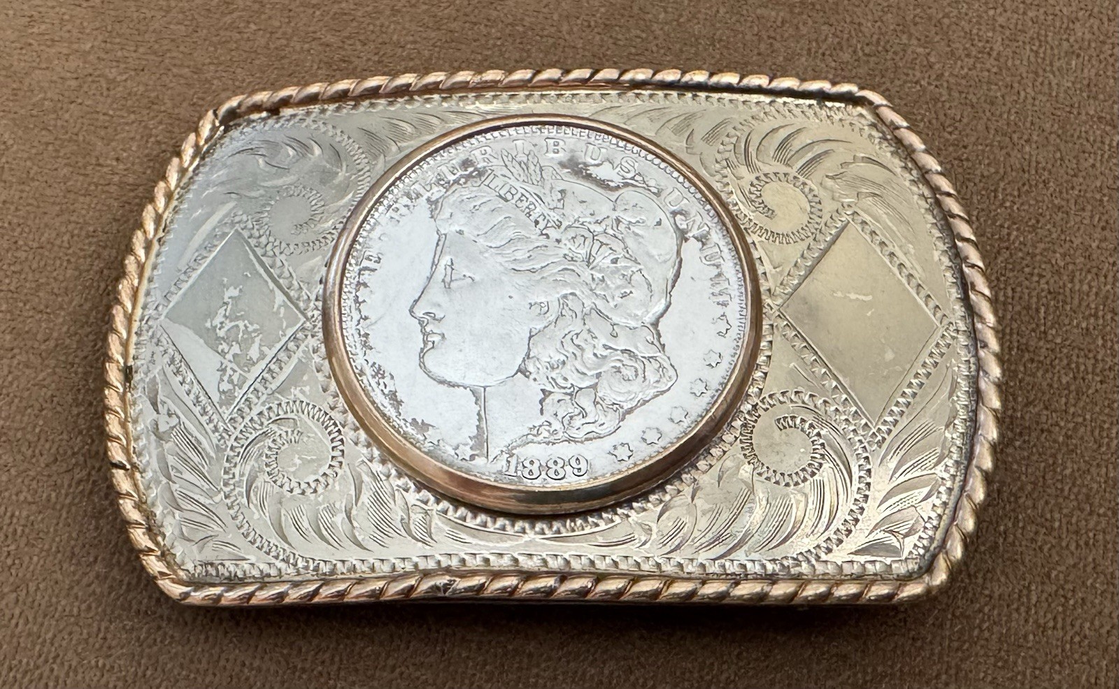 Vintage 1889 USA Morgan Silver Dollar Coin COMSTOCK Diamond Monogram Belt Buckle