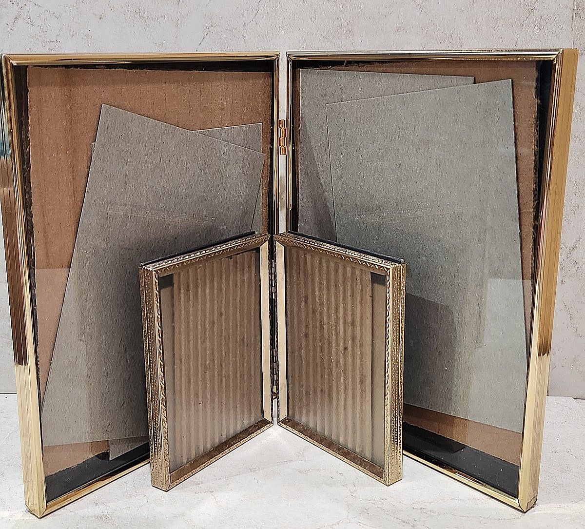 VTG. GOLD BI FOLD PHOTO FRAME [ 1 -3X4 & 1- 5X7 ]DOUBLE HINGED  LOT OF 2