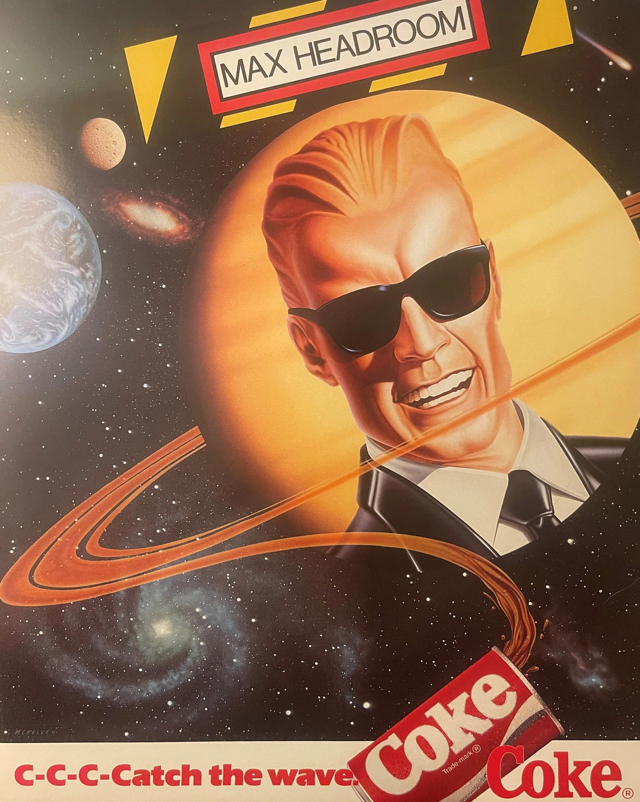 Vintage 1986 Max Headroom Coca-Cola Poster 🚀 Catch the Wave Space Ad Litho