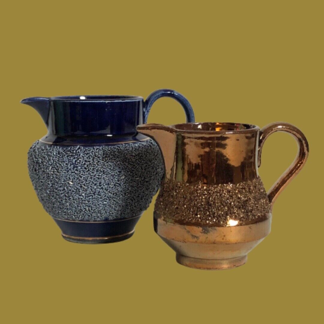 Antique vtg sand texture copper lustre & cobalt pottery creamers English country