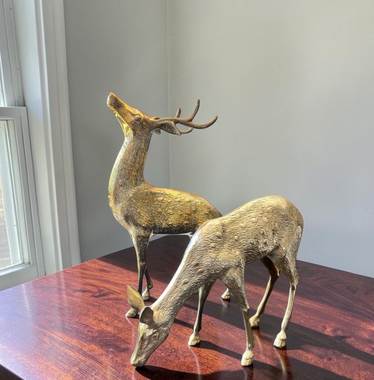 Vintage Solid Brass Deer Buck Doe Figurines Statue MCM Larger 14 Inch Buck