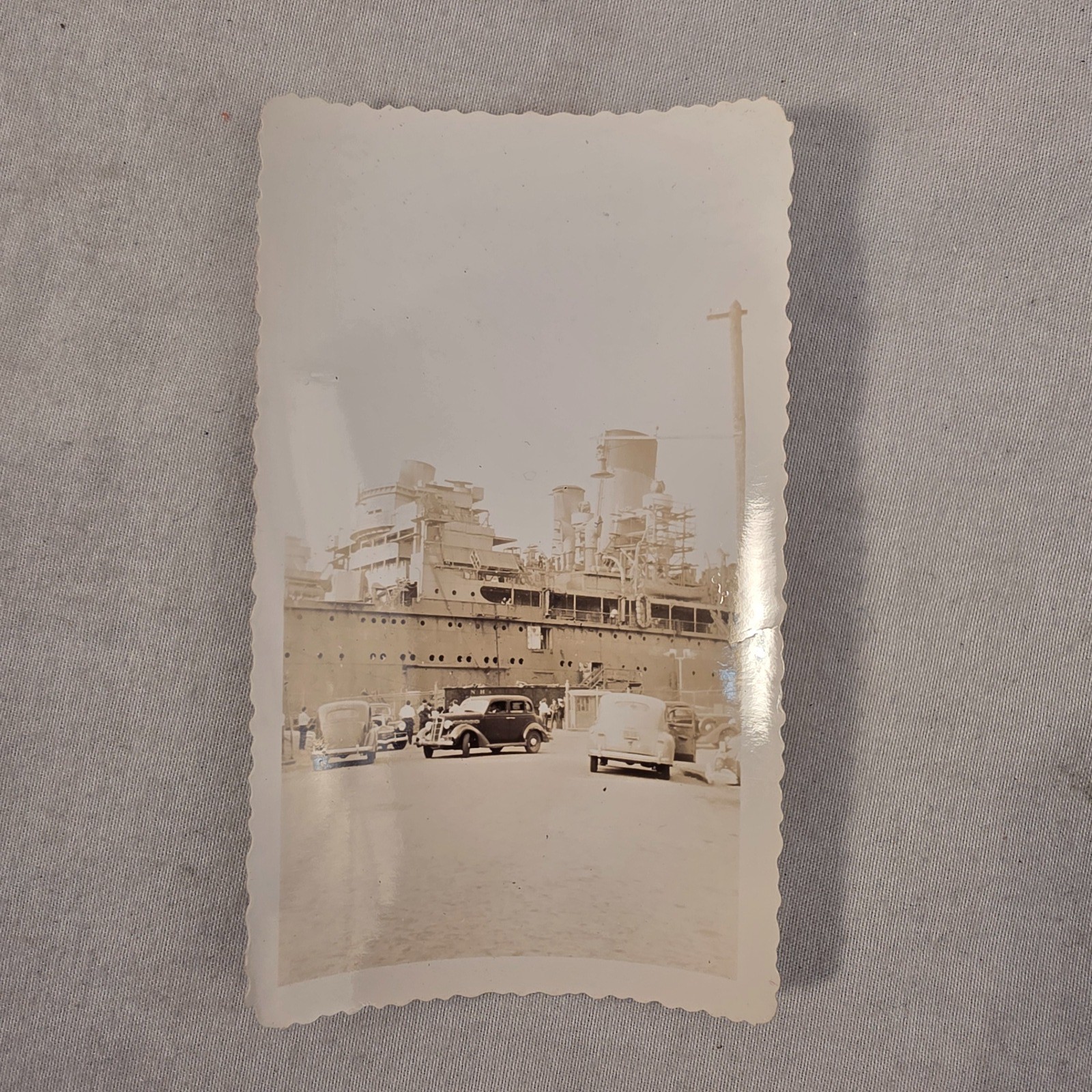 Vintage B&W Photo US Naval Ship Harbor Dock 1930s 1940s Cars Deckled Edge