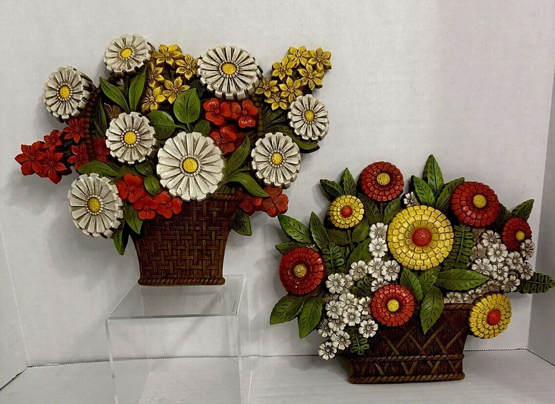 SYROCO Pair Of Vintage 1975 PLASTIC WALL PLAQUES Colorful Basket Of Flowers USA