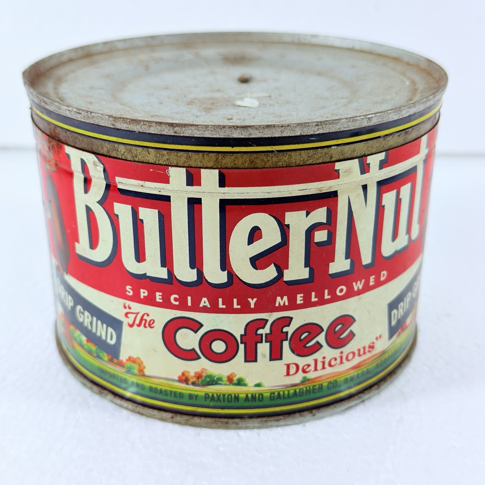VTG Butter-Nut Coffee Tin Can 1LB Drip Grind Paxton Gallagher Omaha NE W/ Lid