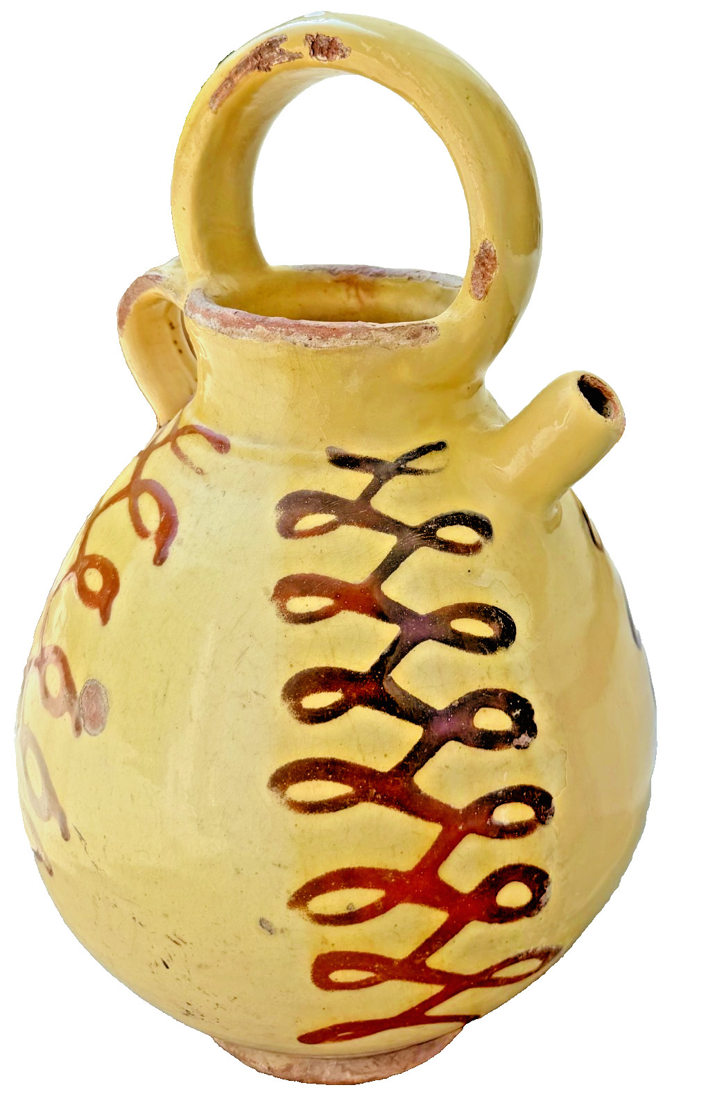 15.5 INCH FRENCH ANTIQUE POTTERY CONFIT GLAZE JUG EARTHENWARE TERRACOTTA CRUCHE
