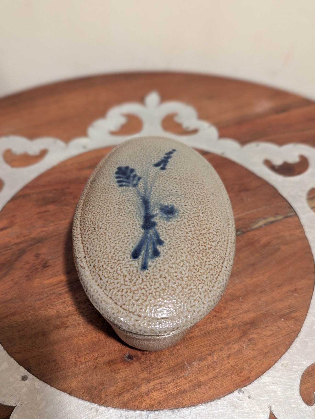 Vintage Rowe Pottery Salt Glaze Small Oval Covered Dish Trinket Bowl