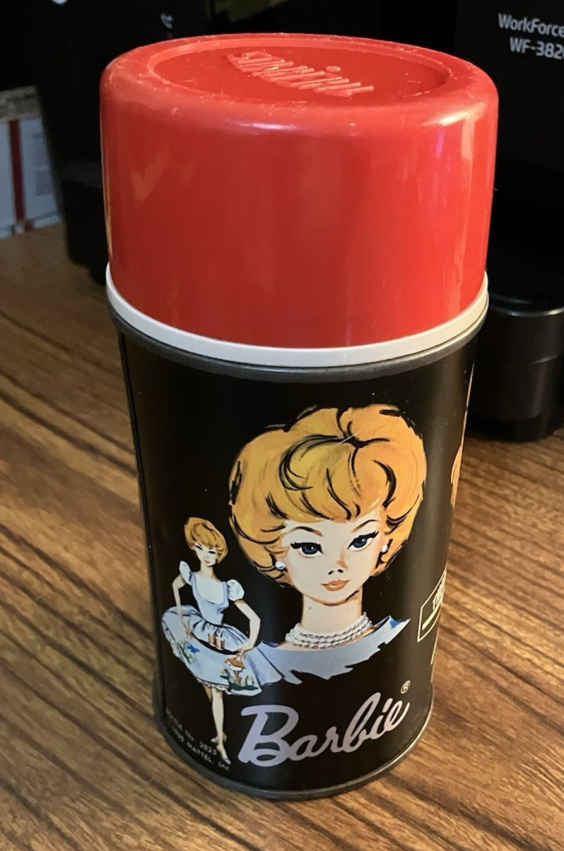 1965 Barbie Midge Skipper Thermos by Mattel Black With Red Top