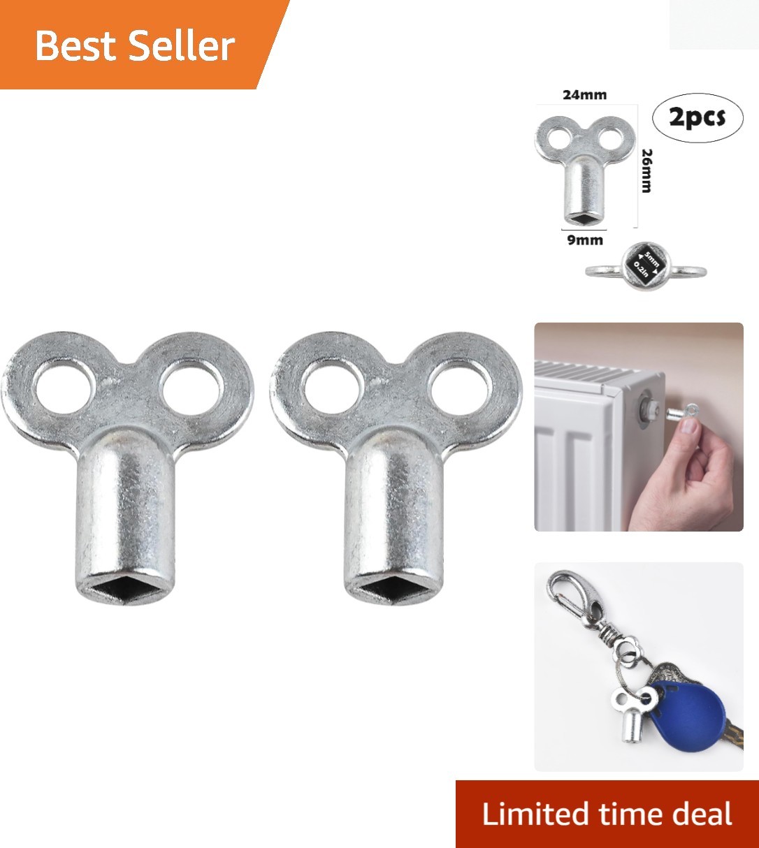 Portable Silver Radiator Valve Keys with Square Drive - 2 Pack Utility Tools