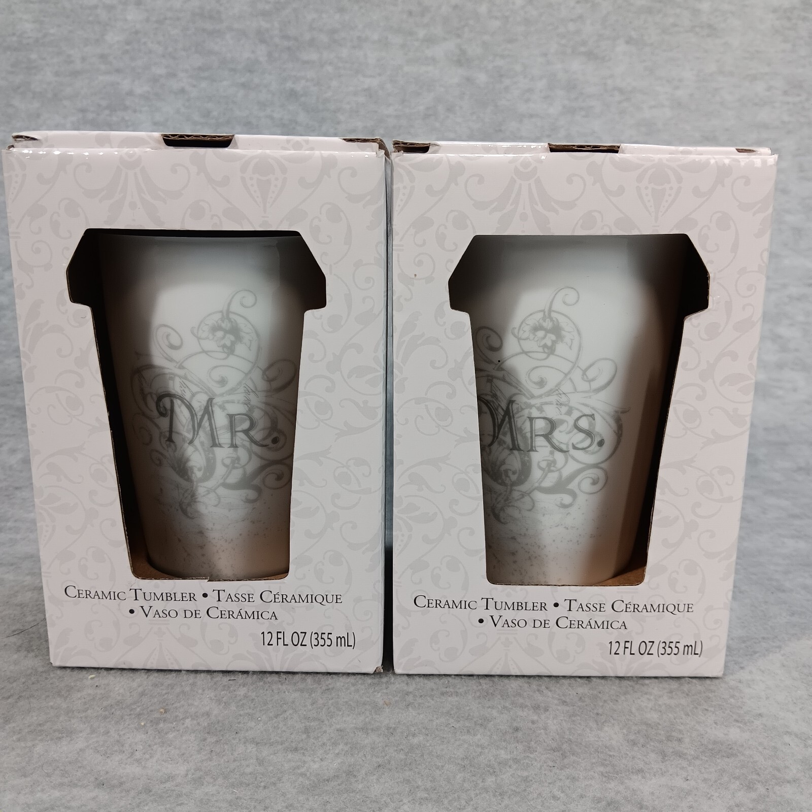 Lillian Rose 12 oz. Tumblers Ceramic Mr & Mrs Double Walled Tumblers w/Lids NIB