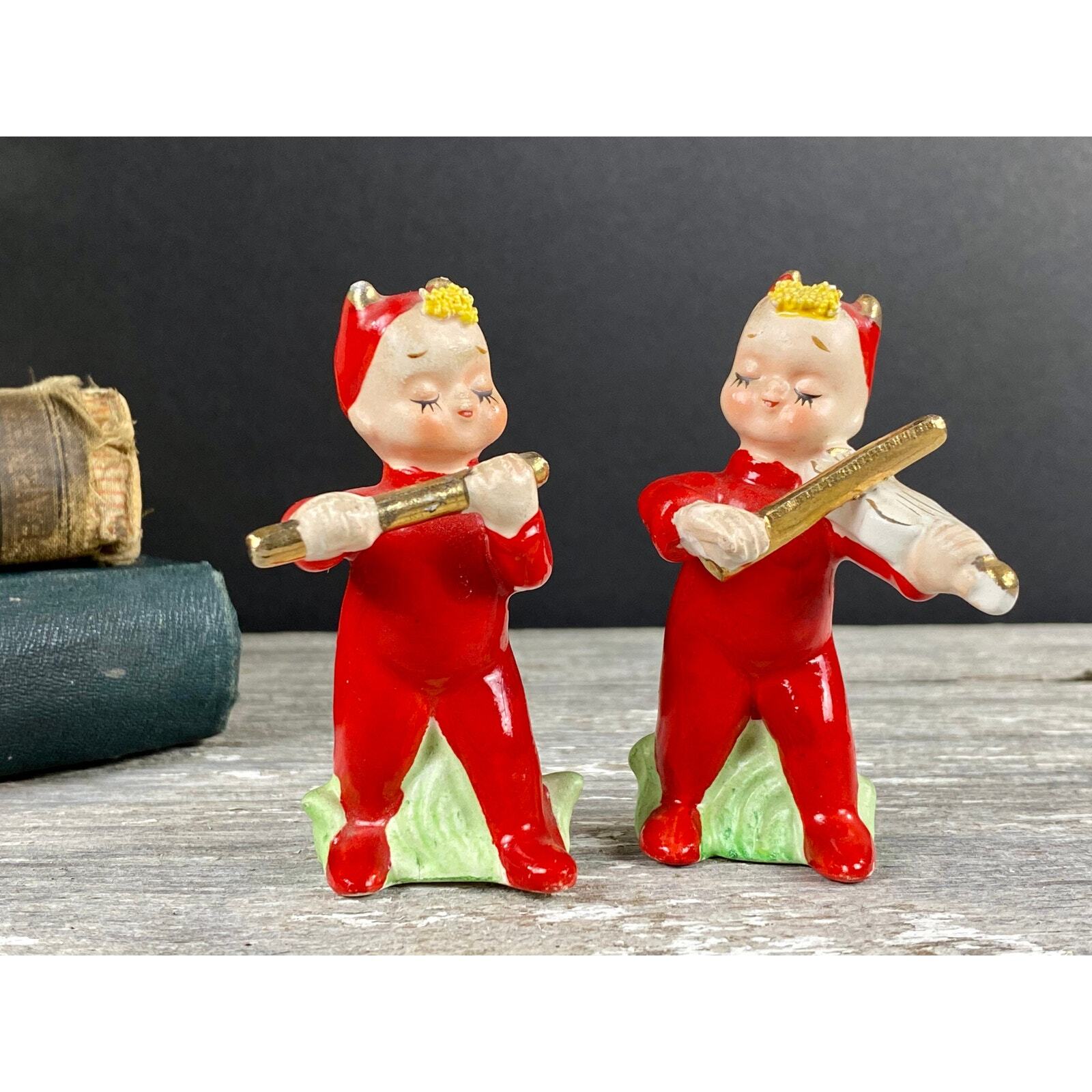 Little Red Devils Salt and Pepper Playing Violin and Flute Napco MCM 1950s 60s