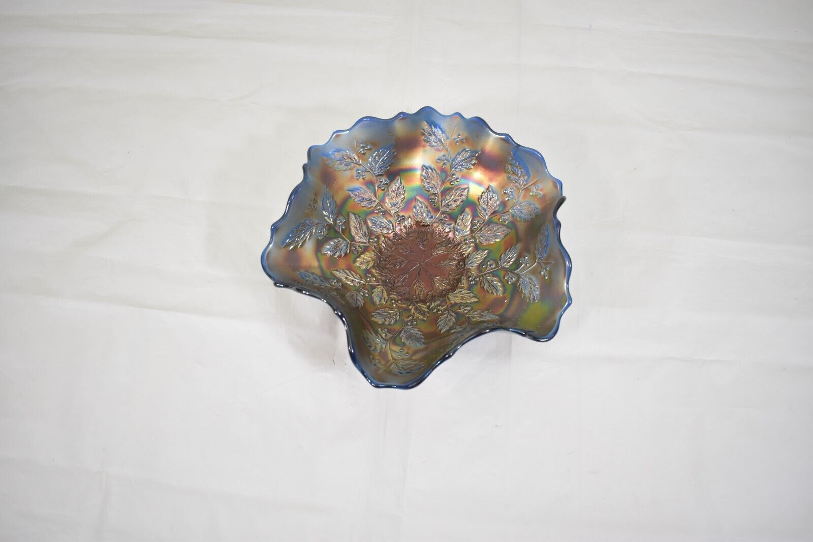 Vintage Floral Impressed Carnival Art Glass Iridescent Bowl Candy Dish